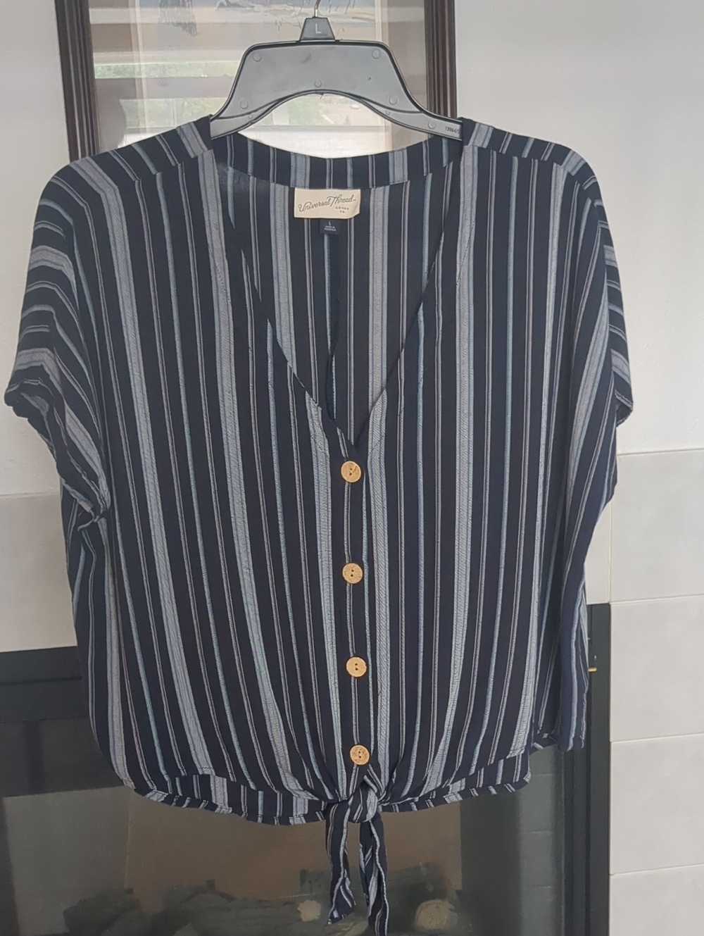 Universal Thread Navy and White Striped Tie-Front Button Shirt